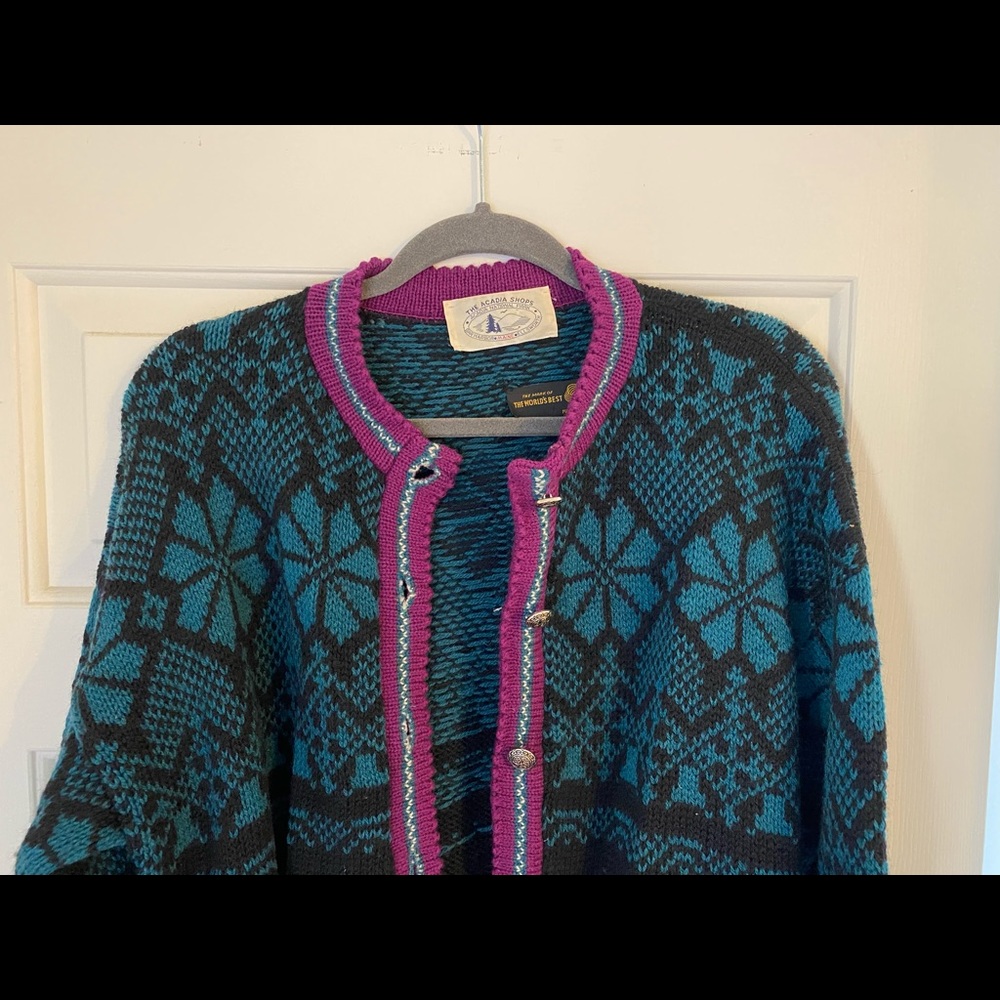 Vintage 100% Wool Acadia National Park Fair Isle Sweater Cardigan Medium Unisex - Picture 5 of 8